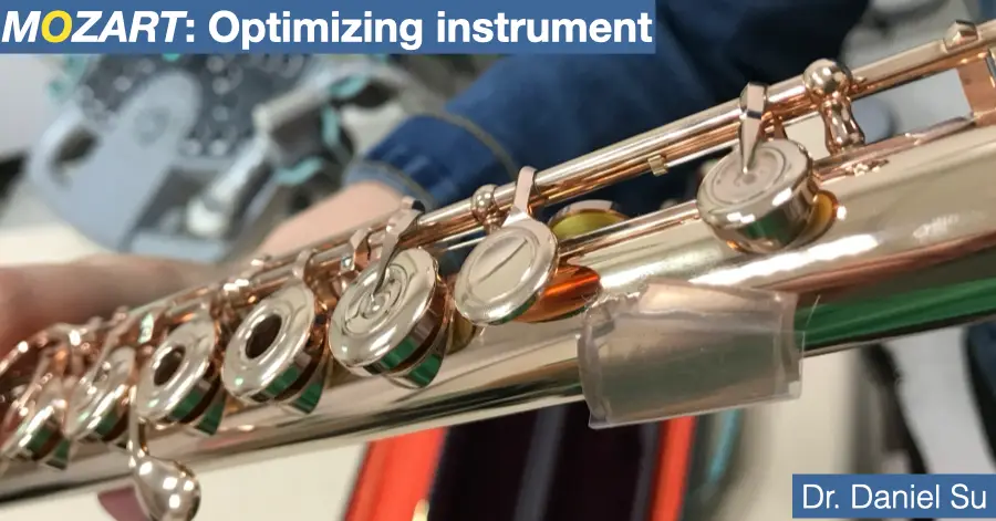 Close-up of a flute fitted with a key adjustment to change the hand position