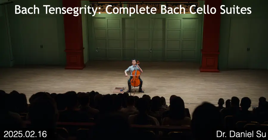 Dr. Su performing the complete Bach Cello Suites on stage before a full hall, 16 February 2025
