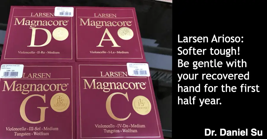 A set of Larsen Magnacore Arioso cello strings in their packets